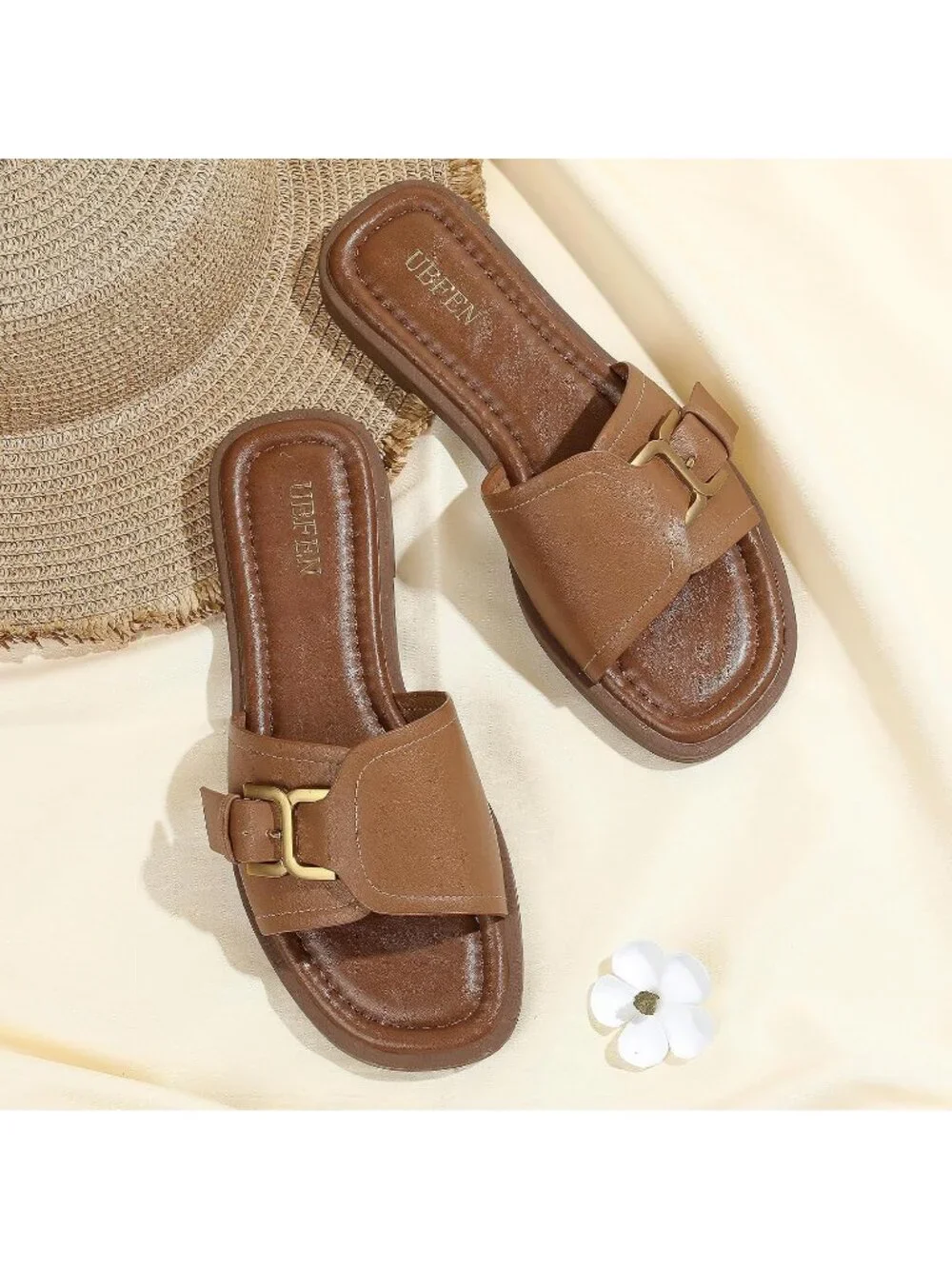 Women's Brown 1 Square Toe Flat Sandals Slides Dressy Comfortable for Beach